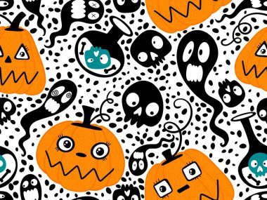 Cadılar Bayramı balkabakları kağıt, kumaş, çarşaf, çocuk giysisi baskısı, şenlik ambalajı ve sonbahar partisi aksesuarları için kusursuz canavar desenleri. Yüksek kaliteli illüstrasyon