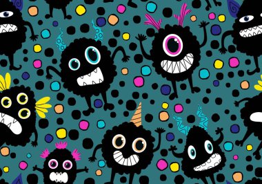 Çizgi film canavarları kağıt, kumaş, çarşaf ve çocuk giysileri baskısı ve Cadılar Bayramı ambalajları için kusursuz desenler. Yüksek kaliteli illüstrasyon