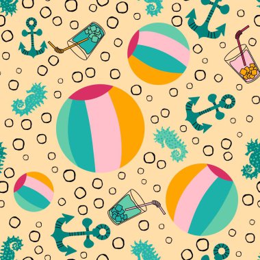 Çizgi filmlerdeki gibi dikişsiz top, çapa ve kokteyl desenleri kağıt, kumaş, çarşaf, çocuk kıyafetleri ve parti aksesuarları. Yüksek kaliteli illüstrasyon
