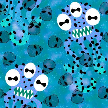Cartoon monsters seamless emoticons aliens pattern for kids clothes print and wrapping paper and fabrics and linens and kindergarten. High quality illustration
