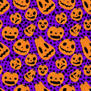 Cadılar Bayramı balkabakları kağıt, kumaş, çarşaf, çocuk giysisi baskısı, şenlik ambalajı ve sonbahar partisi aksesuarları için kusursuz canavar desenleri. Yüksek kaliteli illüstrasyon