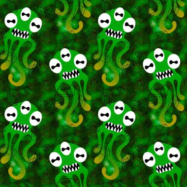 Cartoon monsters seamless emoticons aliens pattern for kids clothes print and wrapping paper and fabrics and linens and kindergarten. High quality illustration