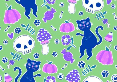 Cadılar Bayramı hayvanları, kağıt, kumaş, çarşaf, çocuk kıyafetleri ve parti aksesuarları için kusursuz kediler ve balkabağı desenleri. Yüksek kaliteli illüstrasyon