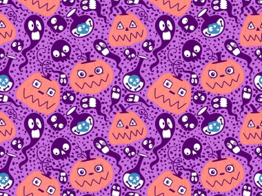 Cadılar Bayramı balkabakları kağıt, kumaş, çarşaf, çocuk giysisi baskısı, şenlik ambalajı ve sonbahar partisi aksesuarları için kusursuz canavar desenleri. Yüksek kaliteli illüstrasyon