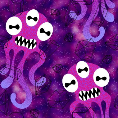 Cartoon monsters seamless emoticons aliens pattern for kids clothes print and wrapping paper and fabrics and linens and kindergarten. High quality illustration