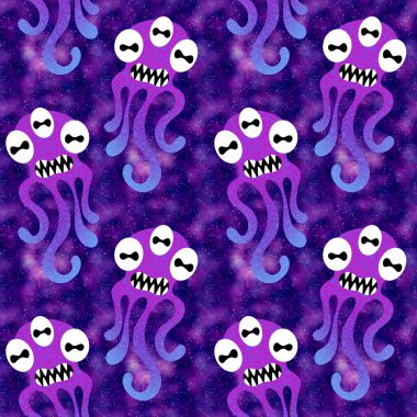 Cartoon monsters seamless emoticons aliens pattern for kids clothes print and wrapping paper and fabrics and linens and kindergarten. High quality illustration