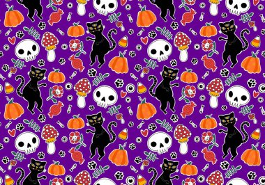 Cadılar Bayramı hayvanları, kağıt, kumaş, çarşaf, çocuk kıyafetleri ve parti aksesuarları için kusursuz kediler ve balkabağı desenleri. Yüksek kaliteli illüstrasyon