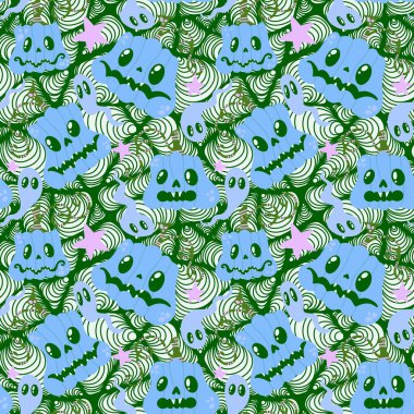 Cadılar Bayramı balkabakları kağıt, kumaş, çarşaf, çocuk giysisi baskısı, şenlik ambalajı ve sonbahar partisi aksesuarları için kusursuz canavar desenleri. Yüksek kaliteli illüstrasyon