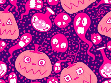 Cadılar Bayramı balkabakları kağıt, kumaş, çarşaf, çocuk giysisi baskısı, şenlik ambalajı ve sonbahar partisi aksesuarları için kusursuz canavar desenleri. Yüksek kaliteli illüstrasyon