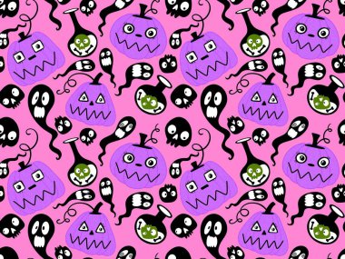 Cadılar Bayramı balkabakları kağıt, kumaş, çarşaf, çocuk giysisi baskısı, şenlik ambalajı ve sonbahar partisi aksesuarları için kusursuz canavar desenleri. Yüksek kaliteli illüstrasyon