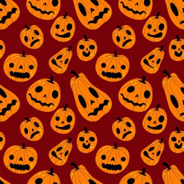 Cadılar Bayramı balkabakları kağıt, kumaş, çarşaf, çocuk giysisi baskısı, şenlik ambalajı ve sonbahar partisi aksesuarları için kusursuz canavar desenleri. Yüksek kaliteli illüstrasyon