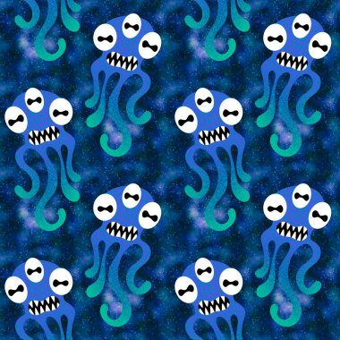 Cartoon monsters seamless emoticons aliens pattern for kids clothes print and wrapping paper and fabrics and linens and kindergarten. High quality illustration