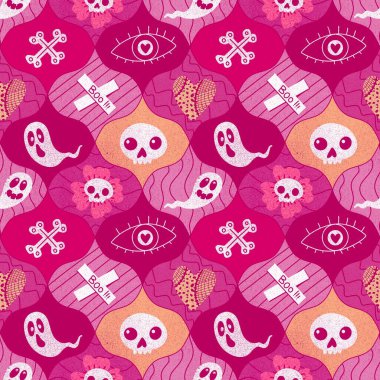 Cadılar Bayramı partisinde kumaşlar, kumaşlar, çarşaflar, çocuk giysileri baskısı ve sonbahar ambalajları için kusursuz bir desen var. Yüksek kaliteli illüstrasyon