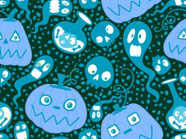 Cadılar Bayramı balkabakları kağıt, kumaş, çarşaf, çocuk giysisi baskısı, şenlik ambalajı ve sonbahar partisi aksesuarları için kusursuz canavar desenleri. Yüksek kaliteli illüstrasyon