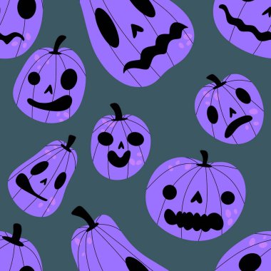 Cadılar Bayramı balkabakları kağıt, kumaş, çarşaf, çocuk giysisi baskısı, şenlik ambalajı ve sonbahar partisi aksesuarları için kusursuz canavar desenleri. Yüksek kaliteli illüstrasyon