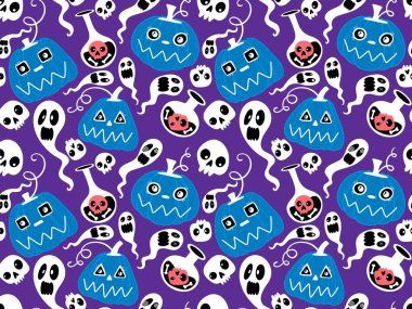 Cadılar Bayramı balkabakları kağıt, kumaş, çarşaf, çocuk giysisi baskısı, şenlik ambalajı ve sonbahar partisi aksesuarları için kusursuz canavar desenleri. Yüksek kaliteli illüstrasyon