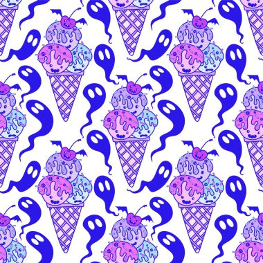 Çizgi filmlerdeki şekerlemesiz Cadılar Bayramı dondurma kalıpları kağıt, kumaş, çarşaf, çocuk kıyafetleri ve parti aksesuarları için. Yüksek kaliteli illüstrasyon