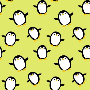 Çizgi filmlerdeki neşeli hayvanlar kusursuz doğum günü dekorları ve kağıt ve kumaşlar için penguen desenleri ve çocuk giysileri baskısı ve Noel aksesuarları ve yeni yıl ambalajı. Yüksek kaliteli illüstrasyon