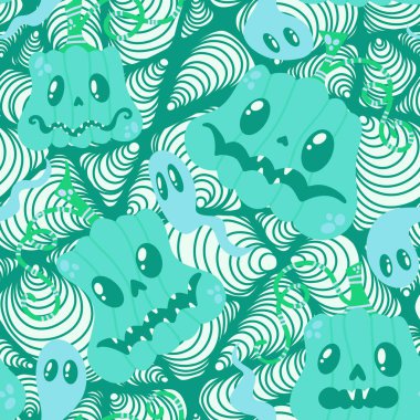 Cadılar Bayramı balkabakları kağıt, kumaş, çarşaf, çocuk giysisi baskısı, şenlik ambalajı ve sonbahar partisi aksesuarları için kusursuz canavar desenleri. Yüksek kaliteli illüstrasyon