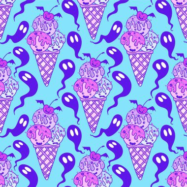 Çizgi filmlerdeki şekerlemesiz Cadılar Bayramı dondurma kalıpları kağıt, kumaş, çarşaf, çocuk kıyafetleri ve parti aksesuarları için. Yüksek kaliteli illüstrasyon