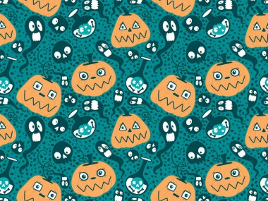 Cadılar Bayramı balkabakları kağıt, kumaş, çarşaf, çocuk giysisi baskısı, şenlik ambalajı ve sonbahar partisi aksesuarları için kusursuz canavar desenleri. Yüksek kaliteli illüstrasyon