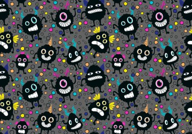 Çizgi film canavarları kağıt, kumaş, çarşaf ve çocuk giysileri baskısı ve Cadılar Bayramı ambalajları için kusursuz desenler. Yüksek kaliteli illüstrasyon