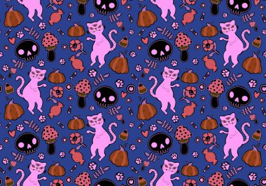 Cadılar Bayramı hayvanları, kağıt, kumaş, çarşaf, çocuk kıyafetleri ve parti aksesuarları için kusursuz kediler ve balkabağı desenleri. Yüksek kaliteli illüstrasyon