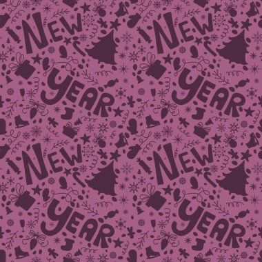 Çizgi film Noel karalaması kağıt, kumaş, çarşaf, çocuk giysisi baskısı ve parti aksesuarları için kusursuz bir yeni yıl deseni çiziyor. Yüksek kaliteli illüstrasyon