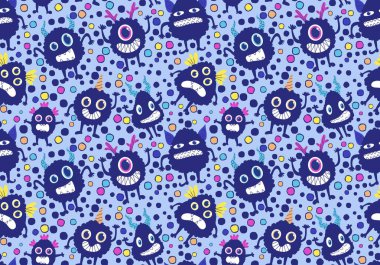 Çizgi film canavarları kağıt, kumaş, çarşaf ve çocuk giysileri baskısı ve Cadılar Bayramı ambalajları için kusursuz desenler. Yüksek kaliteli illüstrasyon