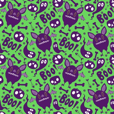 Cadılar Bayramı canavarları. Yarasalar, hayaletler, kafatası desenleri. Kağıt, kumaş, çarşaf, çocuk kıyafetleri ve sonbahar partisi aksesuarları. Yüksek kaliteli illüstrasyon