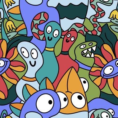 Çizgi filmlerde cadılar bayramı uzaylıları, kağıt, kumaş, çarşaf, çocuk kıyafetleri ve parti aksesuarları için kusursuz canavar desenleri çizerler. Yüksek kaliteli illüstrasyon