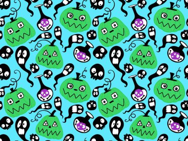 Cadılar Bayramı balkabakları kağıt, kumaş, çarşaf, çocuk giysisi baskısı, şenlik ambalajı ve sonbahar partisi aksesuarları için kusursuz canavar desenleri. Yüksek kaliteli illüstrasyon