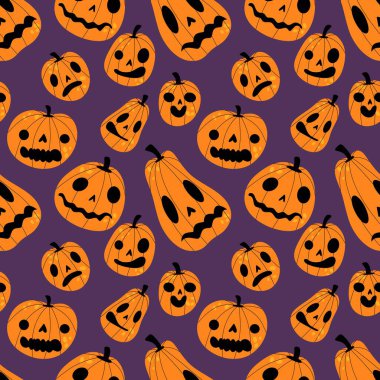 Cadılar Bayramı balkabakları kağıt, kumaş, çarşaf, çocuk giysisi baskısı, şenlik ambalajı ve sonbahar partisi aksesuarları için kusursuz canavar desenleri. Yüksek kaliteli illüstrasyon