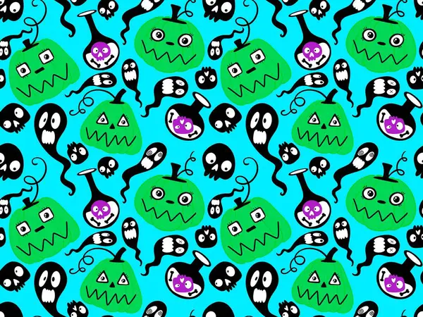 Cadılar Bayramı balkabakları kağıt, kumaş, çarşaf, çocuk giysisi baskısı, şenlik ambalajı ve sonbahar partisi aksesuarları için kusursuz canavar desenleri. Yüksek kaliteli illüstrasyon