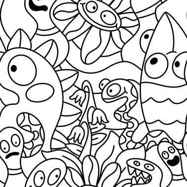 Çizgi filmlerde cadılar bayramı uzaylıları, kağıt, kumaş, çarşaf, çocuk kıyafetleri ve parti aksesuarları için kusursuz canavar desenleri çizerler. Yüksek kaliteli illüstrasyon