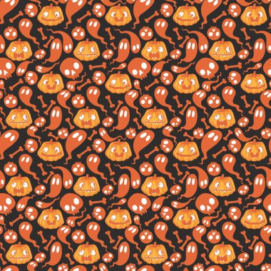 Cadılar Bayramı balkabakları kağıt, kumaş, çarşaf, çocuk giysisi baskısı, şenlik ambalajı ve sonbahar partisi aksesuarları için kusursuz canavar desenleri. Yüksek kaliteli illüstrasyon