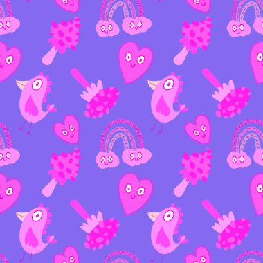 Çizgi film karalamaları, derlenmemiş mantarlar, kuşlar, bulutlar ve kalpler kağıt, kumaş, çarşaf ve çocuk giysileri ve parti aksesuarları için. Yüksek kaliteli illüstrasyon