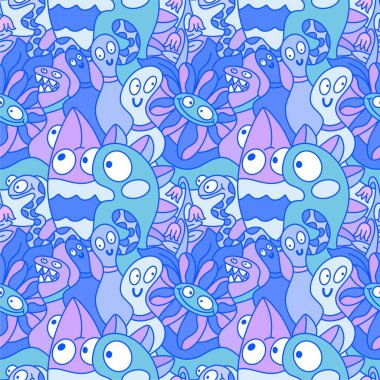 Çizgi filmlerde cadılar bayramı uzaylıları, kağıt, kumaş, çarşaf, çocuk kıyafetleri ve parti aksesuarları için kusursuz canavar desenleri çizerler. Yüksek kaliteli illüstrasyon