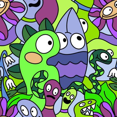 Çizgi filmlerde cadılar bayramı uzaylıları, kağıt, kumaş, çarşaf, çocuk kıyafetleri ve parti aksesuarları için kusursuz canavar desenleri çizerler. Yüksek kaliteli illüstrasyon