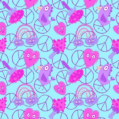 Çizgi film karalamaları, derlenmemiş mantarlar, kuşlar, bulutlar ve kalpler kağıt, kumaş, çarşaf ve çocuk giysileri ve parti aksesuarları için. Yüksek kaliteli illüstrasyon