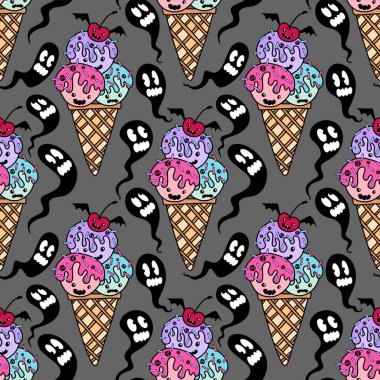 Çizgi filmlerdeki şekerlemesiz Cadılar Bayramı dondurma kalıpları kağıt, kumaş, çarşaf, çocuk kıyafetleri ve parti aksesuarları için. Yüksek kaliteli illüstrasyon