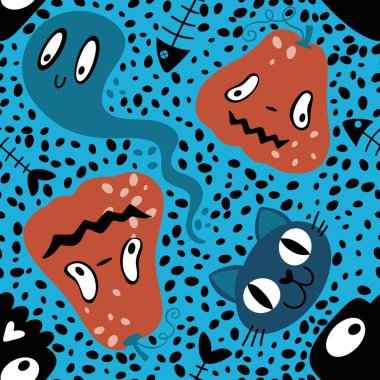 Cadılar Bayramı balkabakları kağıt, kumaş, çarşaf, çocuk giysisi baskısı, şenlik ambalajı ve sonbahar partisi aksesuarları için kusursuz canavar desenleri. Yüksek kaliteli illüstrasyon