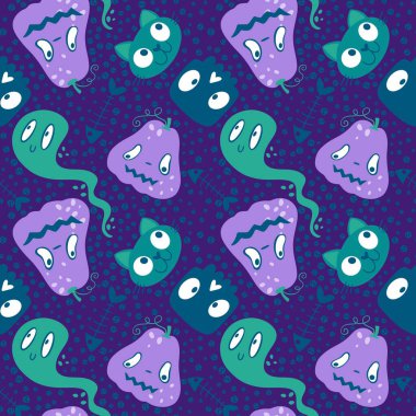 Cadılar Bayramı balkabakları kağıt, kumaş, çarşaf, çocuk giysisi baskısı, şenlik ambalajı ve sonbahar partisi aksesuarları için kusursuz canavar desenleri. Yüksek kaliteli illüstrasyon