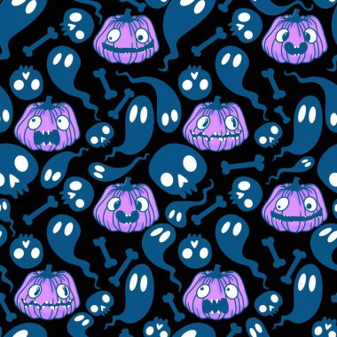 Cadılar Bayramı balkabakları kağıt, kumaş, çarşaf, çocuk giysisi baskısı, şenlik ambalajı ve sonbahar partisi aksesuarları için kusursuz canavar desenleri. Yüksek kaliteli illüstrasyon