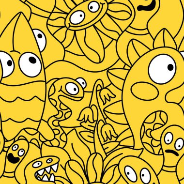 Çizgi filmlerde cadılar bayramı uzaylıları, kağıt, kumaş, çarşaf, çocuk kıyafetleri ve parti aksesuarları için kusursuz canavar desenleri çizerler. Yüksek kaliteli illüstrasyon