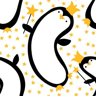 Doğum günü hayvanları kağıt, kumaş, çarşaf ve çocuk kıyafetleri ve parti aksesuarları için kusursuz penguen desenleri. Yüksek kaliteli illüstrasyon