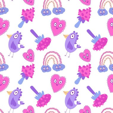 Çizgi film karalamaları, derlenmemiş mantarlar, kuşlar, bulutlar ve kalpler kağıt, kumaş, çarşaf ve çocuk giysileri ve parti aksesuarları için. Yüksek kaliteli illüstrasyon