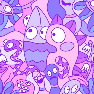 Çizgi filmlerde cadılar bayramı uzaylıları, kağıt, kumaş, çarşaf, çocuk kıyafetleri ve parti aksesuarları için kusursuz canavar desenleri çizerler. Yüksek kaliteli illüstrasyon