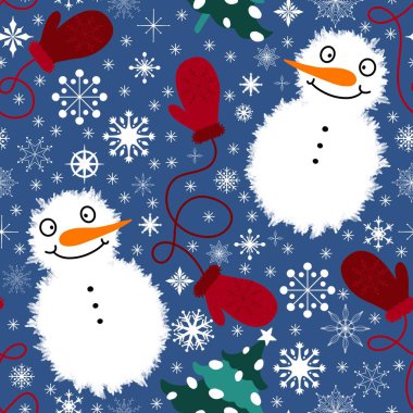 Kumaşlar, tekstil ve ambalajlar, hediyeler, kartlar, çarşaflar ve çocuklar için kusursuz kardan adam deseni.