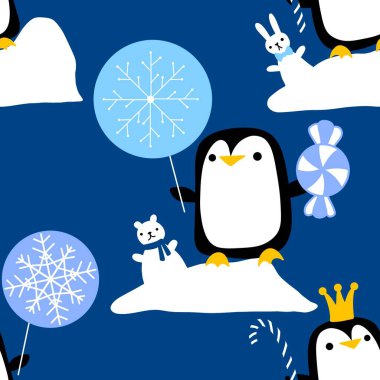 Doğum günü hayvanları kağıt, kumaş, çarşaf ve çocuk kıyafetleri ve parti aksesuarları için kusursuz penguen desenleri. Yüksek kaliteli illüstrasyon